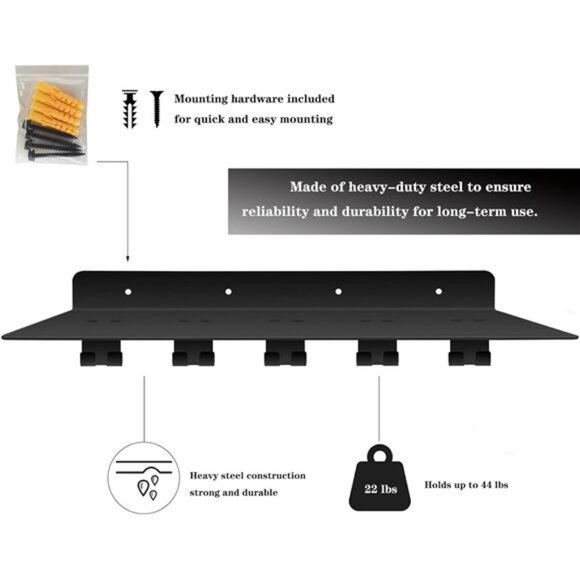 Wall Mounted Gym Shelf with Hooks Black Floating Storage Rack for Workout Gear - Picture 4 of 8